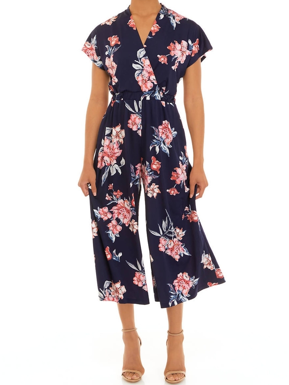 Floral Navy Wide-Leg Jumpsuit with Pink Bloom